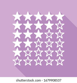 5 star rating sign. White Icon with long shadow at purple background. Illustration.
