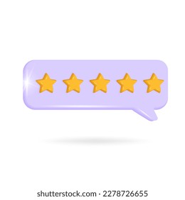 5 estrellas en la burbuja del habla. Calidad, calificación del cliente, retroalimentación o concepto de logro. 3.ª ilustración vectorial