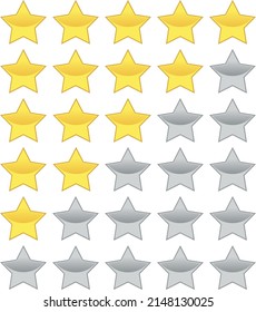 5 Star Vector Rating With Full, Five, Four, Three, Two, One And Empty Stars