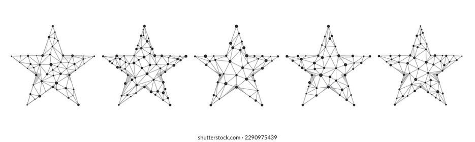 Juego de signos vectoriales de 5 estrellas de clasificación o clasificación de alambres. Polígono de rango blanco y negro con tecnología digital. Elementos de diseño futurista de triángulo de punto y línea monocromo de navidad.