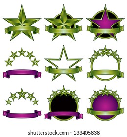 5 stars classic emblems set. Green and violet ribbons and stars symbols. Colorful royal style.