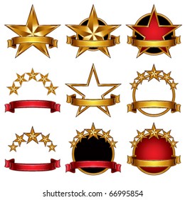 5 stars classic emblems set. Golden ribbons and stars symbols. Red and gold metallic royal style.