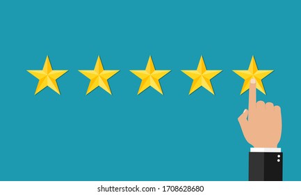 5 stars of customer and management. Result of performance. Star rate. Finger of customer in 5-th star rate. Feedback of quality. Reputation icon. Good survey. Ranking marketing and business. Vector.