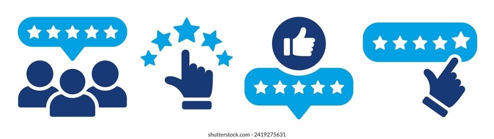 5 estrellas de los clientes. Comentarios del cliente. Revisión de la clasificación de productos de cinco estrellas por clientes con icono de miniaturas hacia arriba.