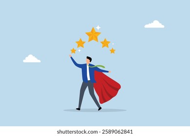 5 stars expert, Businessman hero holding large golden customer five-star review. 