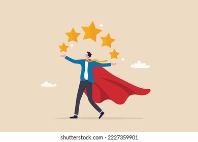 5 stars expert, excellence or great service, quality and good reputation professional, award winning or best rating concept, businessman superhero carrying big golden customer 5 stars rating feedback.