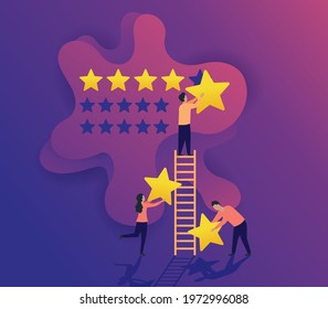 5 stars feedback - People holding stars and collecting them into positive review - best satisfaction level and critic concept. Five stars rating flat style vector concept. Vector illustration