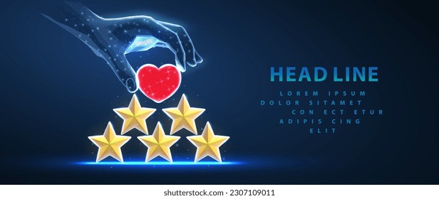 5 stars made pyramid with heart in digital hand on top of it. Star rating, review feedback, five stars servise, service quality, customer satisfaction, positive review, good experience, ai concept