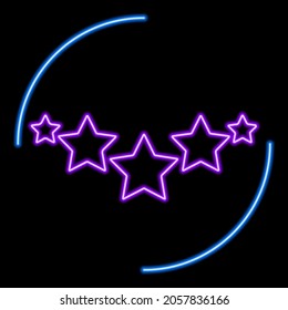 5 stars neon sign, modern glowing banner design, colorful modern design trend on black background. Vector illustration.