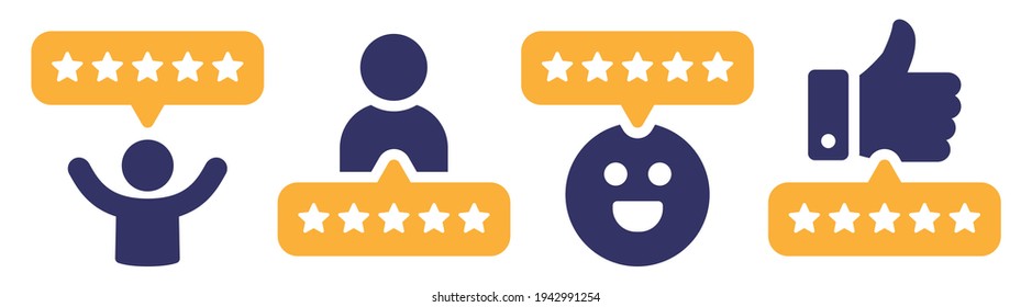 5 stars positive review of customer. Feedback with satisfaction rating.  Survey about quality service. Concept of best ranking. Choose icon of excellent. Good result in business. Vector icons set.