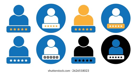 5 stars positive review of customer. Customer review. Service satisfaction, quality, good rate vector illustration. Five stars customer product rating review flat icon for apps and websites