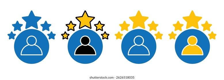 5 stars positive review of customer. Customer review. Service satisfaction, quality, good rate vector illustration. Five stars customer product rating review flat icon for apps and websites