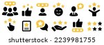 5 stars positive review. Rate icons set. Feedback icon collection. Concept of best ranking. Customer review. Good result. Star, envelope, smiling emoji, like thumb up and speech bubble. 