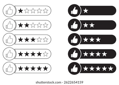 5 stars positive review. Rate icons set. Feedback icon collection. Concept of best ranking. Customer review. Good result. Star, envelope, smiling emoji, like thumb up and speech bubble eps 10