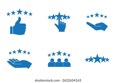 5 stars positive review. Rate icons set. Feedback icon collection. Concept of best ranking. Customer review. Good result. Star, envelope, smiling emoji, like thumb up and speech bubble eps 10