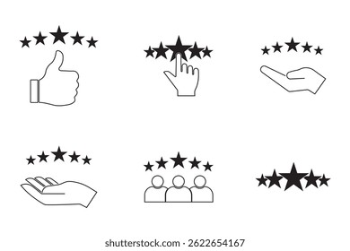 5 stars positive review. Rate icons set. Feedback icon collection. Concept of best ranking. Customer review. Good result. Star, envelope, smiling emoji, like thumb up and speech bubble eps 10
