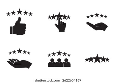 5 stars positive review. Rate icons set. Feedback icon collection. Concept of best ranking. Customer review. Good result. Star, envelope, smiling emoji, like thumb up and speech bubble eps 10