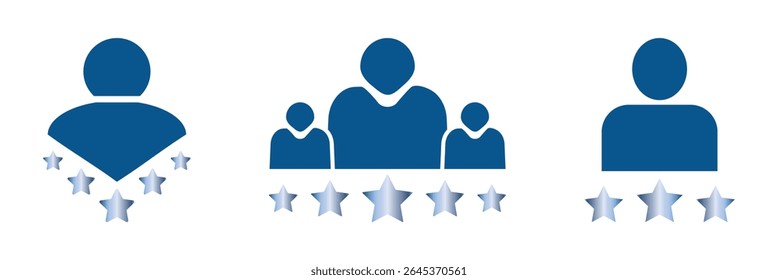 5 estrelas crítica positiva. Ícones de taxa definidos. Coleção de ícones de comentários. Conceito de melhor classificação. Análise do cliente. Bom resultado. Estrela, envelope, emojis sorridentes, como polegar para cima e balão de fala.