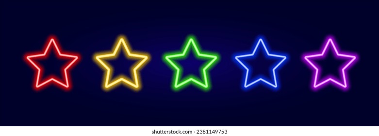 5 stars rating colorful neon glow on dark background vector. Glowing rank rates with laser led illumination for design