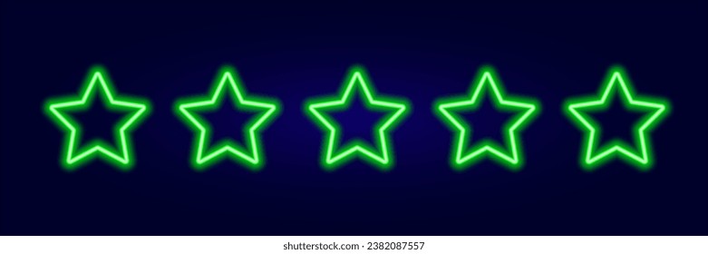 5 stars rating green neon glow on dark background vector. Glowing rank rates with laser led illumination for design