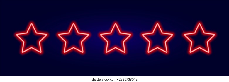 5 stars rating red neon glow on dark background vector. Glowing rank rates with laser led illumination for design