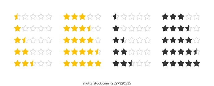 5 stars rating review interface template icon set. Half star ranking sample vector illustration. Quality review symbol with transparent stars. Feedback 5 star sign. Gold five stars collection isolated