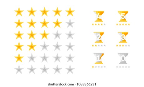 5 Stars Rating. Vector Collection With Flat Yellow Star Icons That Imitating Golden Stars. Template For Web Design.