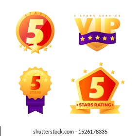 5 Stars Rating VIP Service Tags Isolated on White Background. Top Ranking Concept for Premium Hospitality Evaluation. Golden Seal Stamp with Ribbon Banners Design. Cartoon Flat Vector Illustration