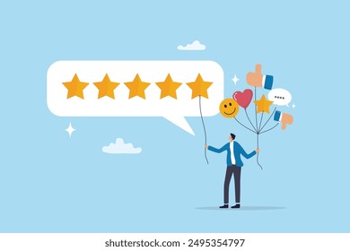 5 Stars review, customer feedback evaluation, best quality or satisfaction, opinion, best rating reputation or online positive review concept, customer giving 5 stars rating or customer experience.