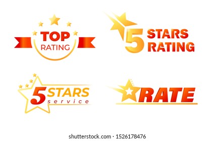 5 Stars Top Rating Banners Set Isolated on White Background. Customers Feedback Rate for Hotel Hospitality and Restaurant Services. Honor Symbol for Competition Winner. Flat Vector Illustration