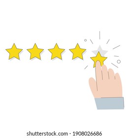 5 estrellas. Ilustración aislada de vectores sobre fondo blanco. Comentarios, reputación, calidad, revisión del cliente, como, concepto, estilo plano. Dedo de la mano de la persona que señala la clasificación de cinco estrellas de oro