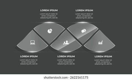 5 Etapa 3D Glass Effect Business Timeline - Infográfico orientado por dados com fundo preto para negócios e finanças