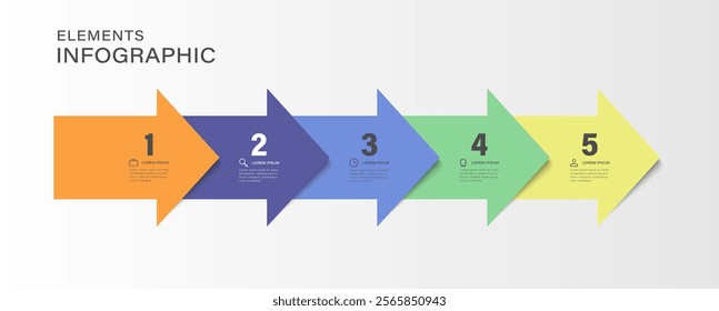 5 step arrow template for presentation. 5 steps options, elements, infographic.
