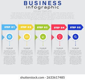  5 Step Business Infographic Layout with  Vertical Sections, Colored Bar Headers