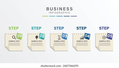 5 Step Business Infographic with note paper design vector.