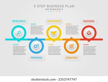 5 step business planning infographic to success multi colored circles concatenated circle button center top icon The upper and lower square buttons have a letter in the middle gray gradient background