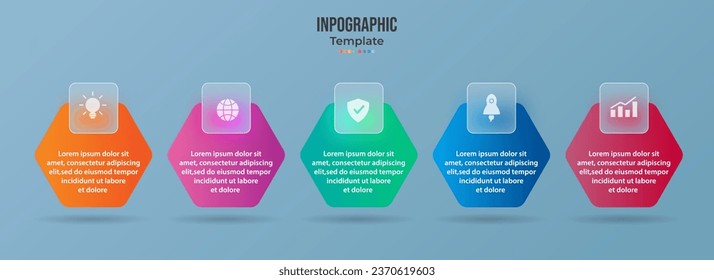 5 step business process timeline infographics. Turquoise Hexagon curve shape glass morphism effect. Vector illustration.