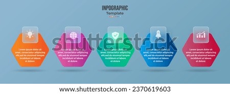 5 step business process timeline infographics. Turquoise Hexagon curve shape glass morphism effect. Vector illustration.