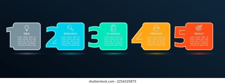 5 step chart design. Five options process diagram with outline icons. Timeline info graphic. Modern layout, business presentation template. Vector illustration.