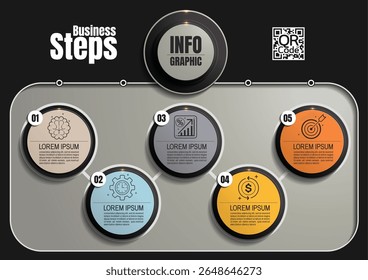 5 step circle infographic template for business presentation, timeline, workflow, clean vector illustration for report and analysis, corporate diagram, not made by AI