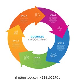 5 Step circular arrow pointing process infographic design. Concept of 5-stepped cyclical business process. Realistic infographic design template. Round diagram with five colorful arrows