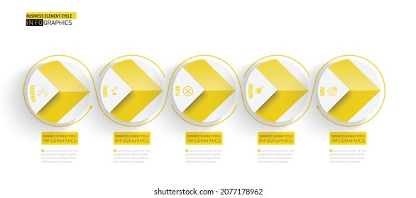 5 Step cycling and arrow Main and Sub-function on Business timeline info-graphics in Circle Chart Timeline Minimal on Yellow Theme white background