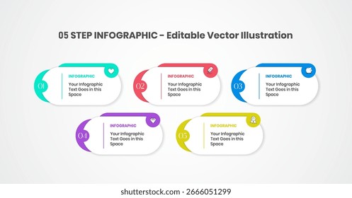 Ilustración vectorial de Plantilla de diseño de infografías editables de 5 pasos sobre fondo blanco de espacio de copia