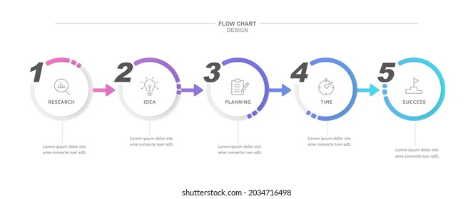 5 step flow chart infographic template. Each step designed with sequence numbers, linear icons and colorful progress rings, suitable for presentation and website.