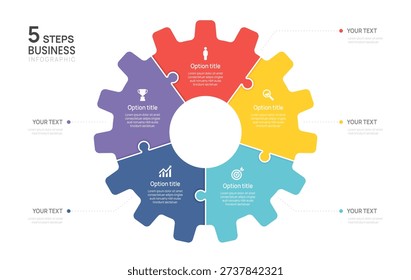5 step gear circle Business Infographic jigsaw label design with icons. flow chart presentations.