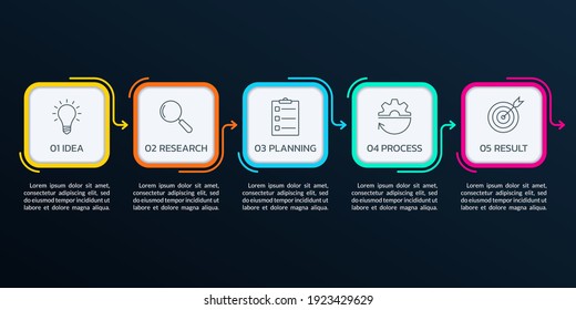 5 step info graphic with arrows and icons. Flow chart, business process, timeline infographic, workflow layout template. Vector illustration.