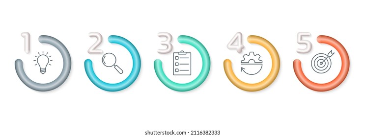 Infografik mit 5 Schritten. Diagramm, Diagramm, Timeline-Infografik-Design mit 3D-Zahlen und Kreisen. Vorlage für Geschäftsprozesse mit Symbolen für die Rahmengestaltung. Vektorgrafik.