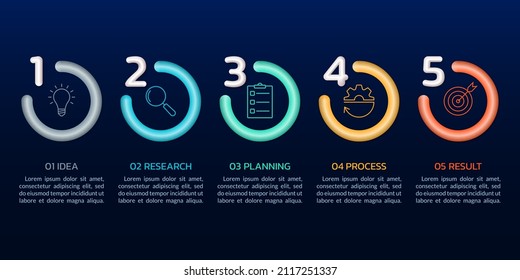 5 step info graphic. Chart, diagram, timeline infographic design with 3d numbers and circles. Business process template with outline icons. Vector illustration.