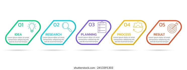 gráfico de información de 5 pasos. Diagrama de procesos, gráfico con iconos de negocio. Cinco opciones de diseño de infografía de línea de tiempo. Presentación moderna, plantilla de diseño. Ilustración vectorial.