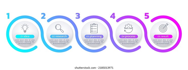 5 step infographic 3d design with business icons. Process, presentation diagram, timeline info graphic template with circle elements. Vector illustration.